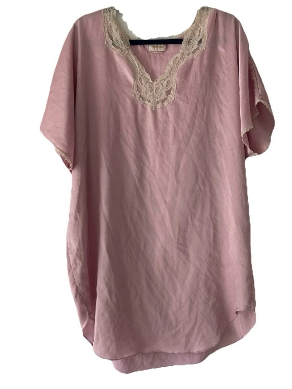 Barbizon Pink Satin Lace V-Neck Short Sleeve Solid Nightgown
